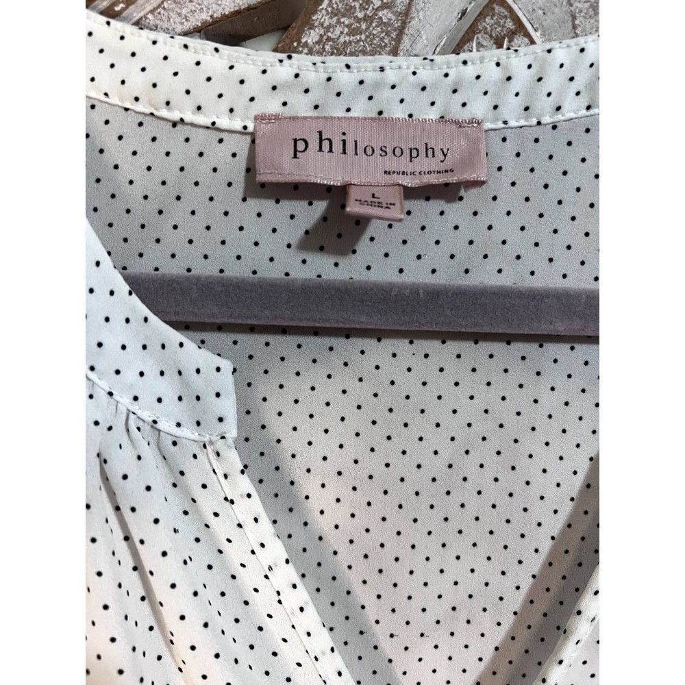 EUC philosophy Republic Clothing White and Black Dotted Bouse Sz L - Picture 4 of 5